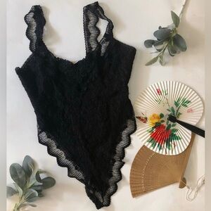 Vintage Escapades Black Sheer Floral Lace Sleeveless Bodysuit Lingerie